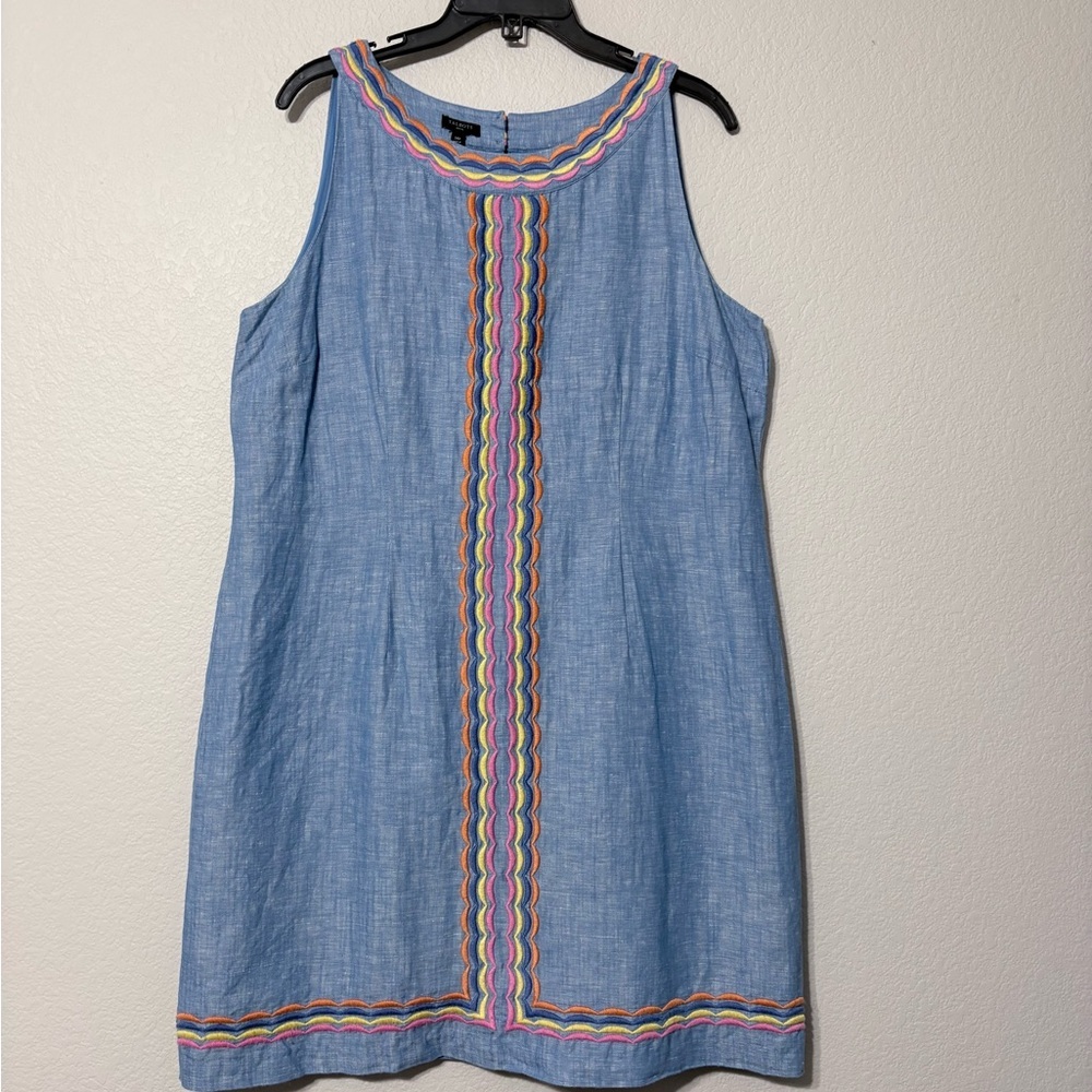 Talbots Chambray Colorful Scalloped Embroidery Shift Dress Sleeveless Back Zip - Picture 5 of 16